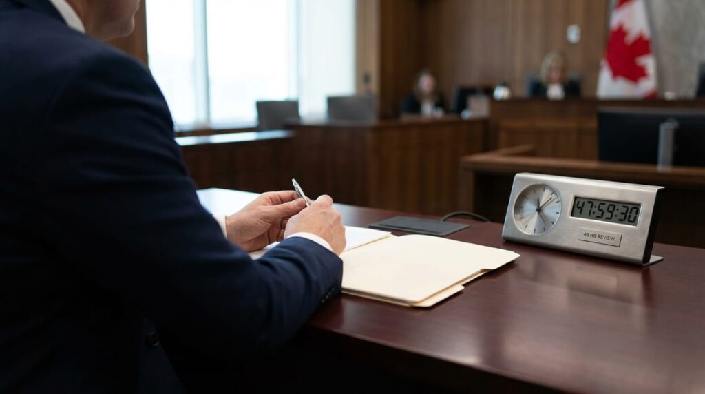 Over-the-shoulder view of a legal adjudicator reviewing a file next to a desk clock, symbolizing a timely detention review.