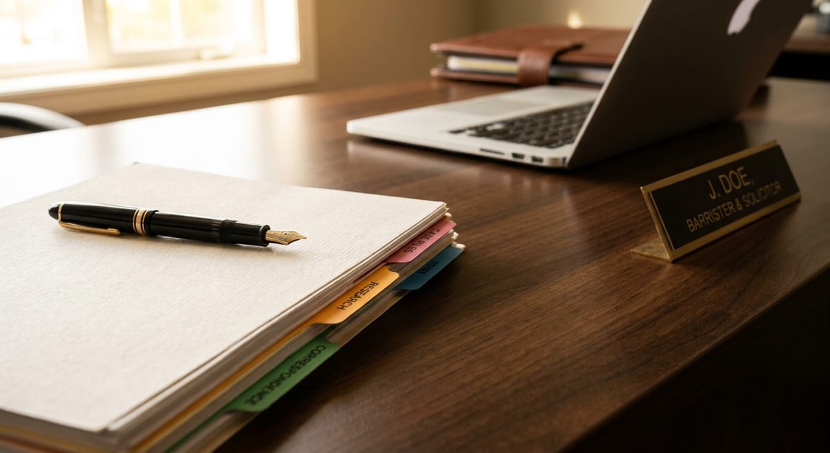 Photograph of a barrister's desk with a laptop, nameplate, and file folders for Canadian immigration legal services.