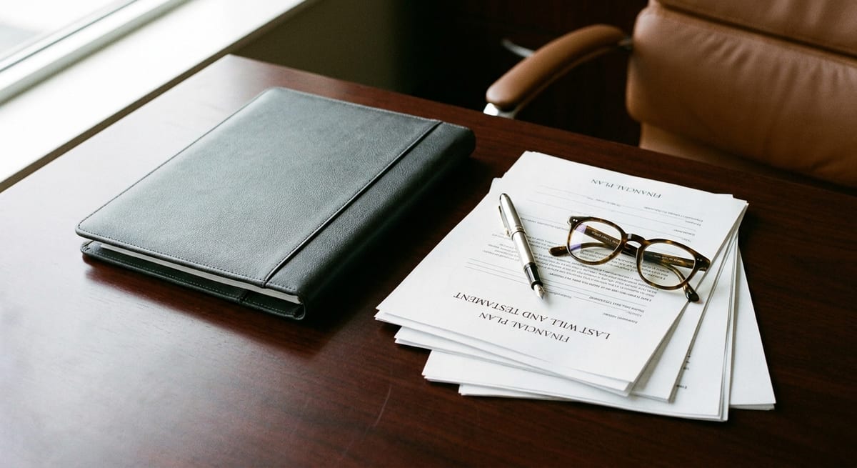 Photograph of a black portfolio, glasses, and legal papers on a desk, illustrating immigration lawyer fees in Canada.