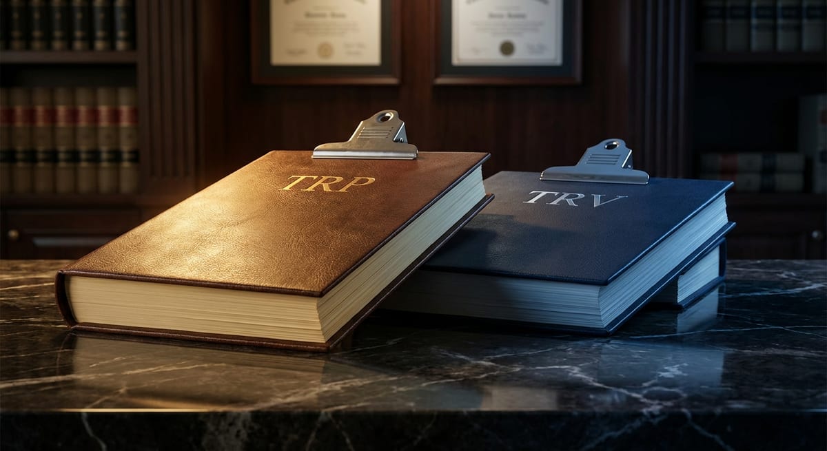 Photograph of a brown leather TRP folder and blue TRV folder on a marble desk in a professional law office.