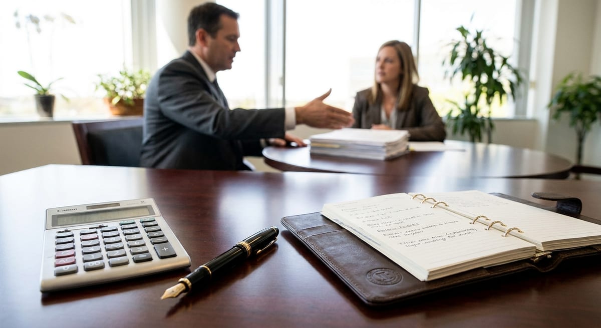 Photograph of a calculator and open notebook on a dark wood desk during a Super Visa Canada fees and income meeting.