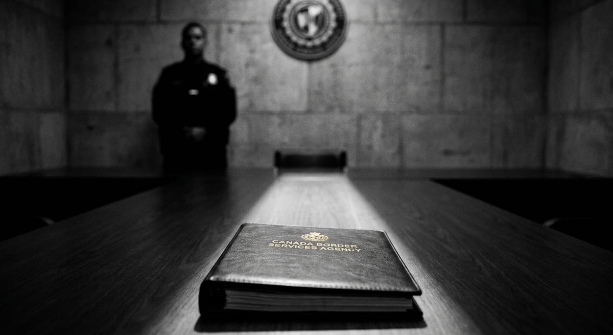 Photograph of a CBSA binder on a table with a blurred officer in a somber black and white Canadian detention review.