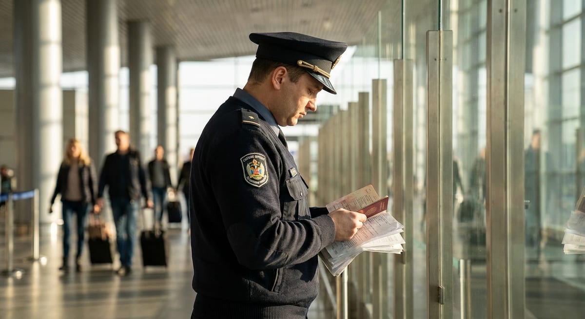 Photograph of a CBSA officer in a dark blue uniform inspecting a passport and travel documents at a border crossing.