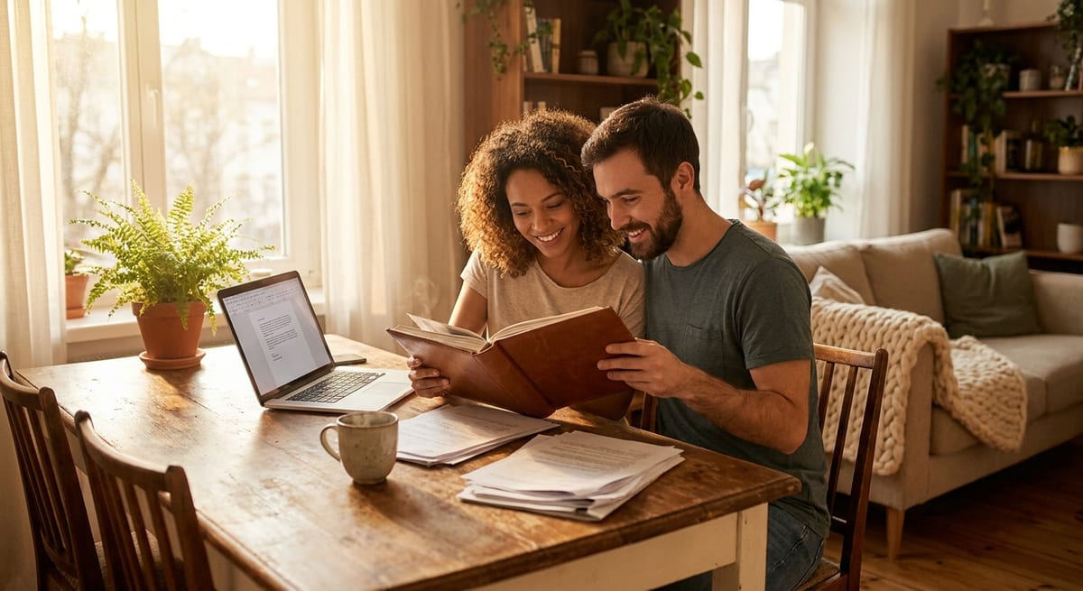 Photograph of a couple at a sunlit table reviewing a photo album and documents to sponsor their common-law partner.