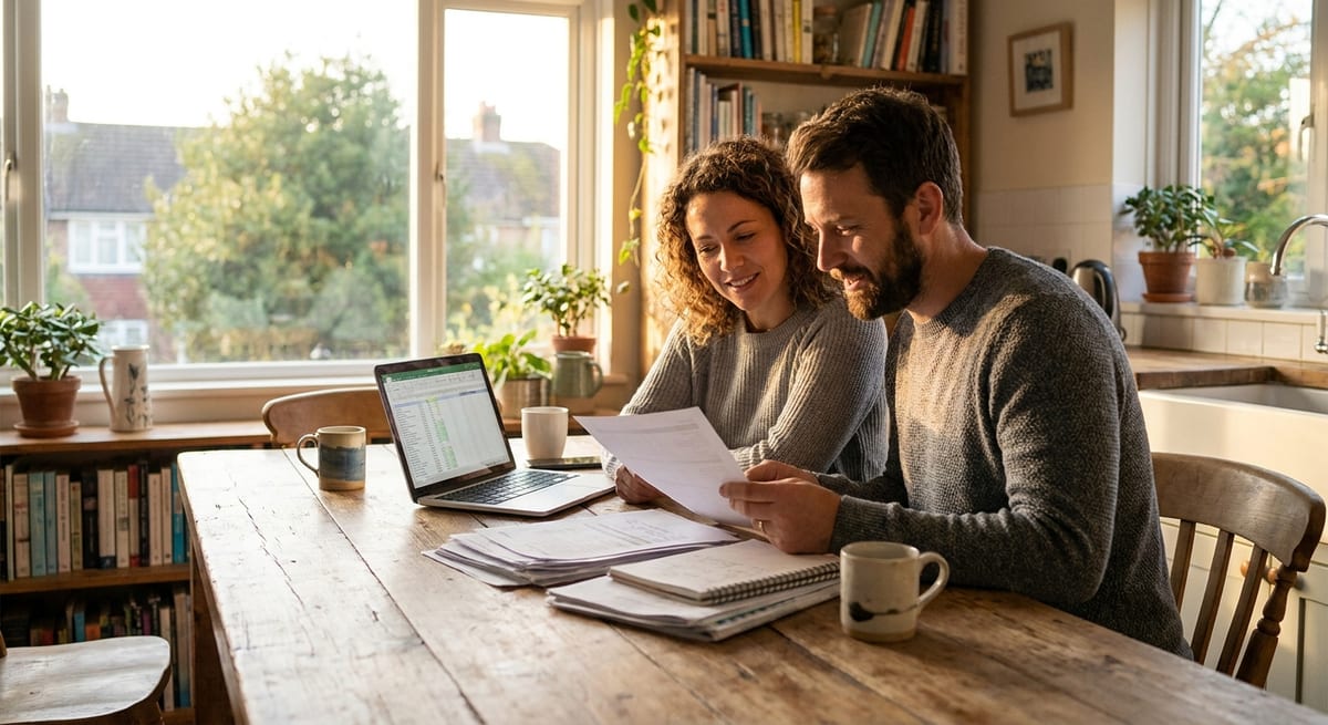 Photograph of a couple at a sunlit wooden table reviewing documents and a laptop for an admissibility hearing in Canada.