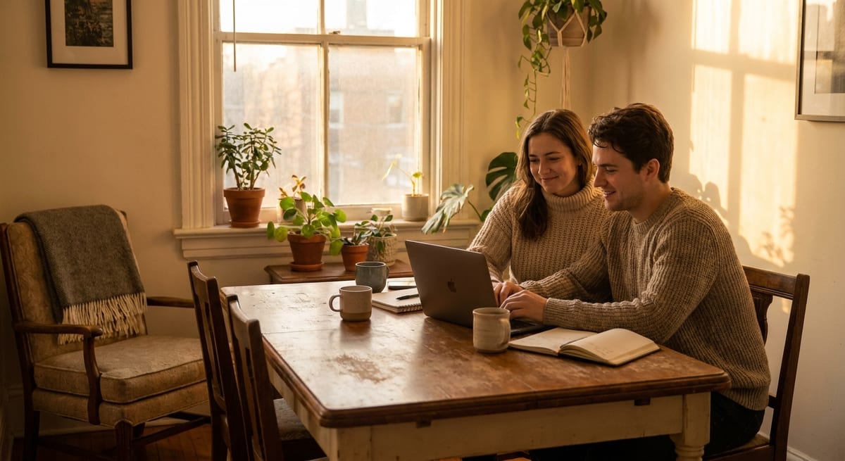 Photograph of a couple in a cozy, sunlit room using a laptop to apply for a Canadian spouse open work permit.