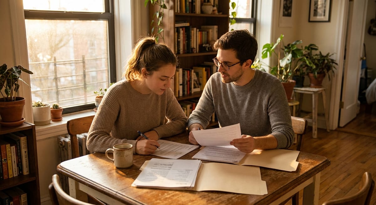 Photograph of a couple reviewing legal documents at a wooden table, preparing for a refugee hearing in a sunlit room.