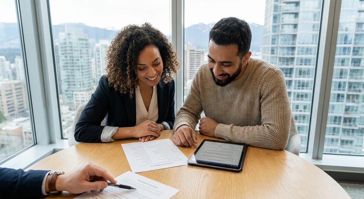 Photograph of a couple reviewing spousal sponsorship Canada documents with a consultant in a modern high-rise office.