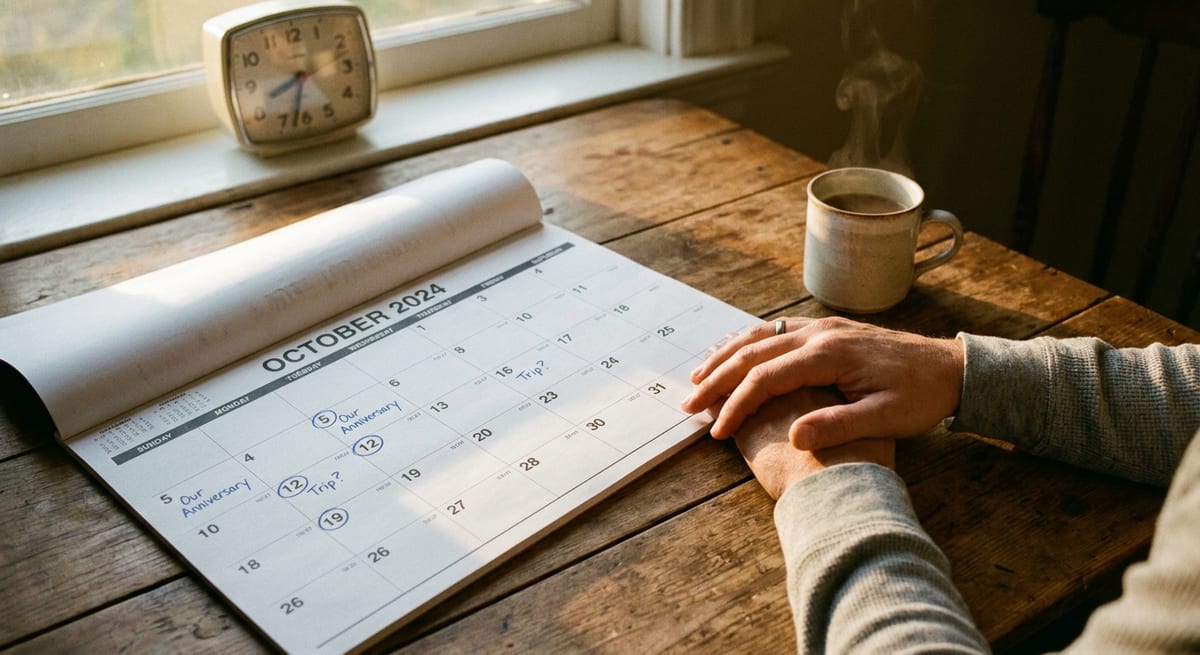 Photograph of a couple's hands on a wooden table with a calendar and clock, representing Canada's sponsorship processing.