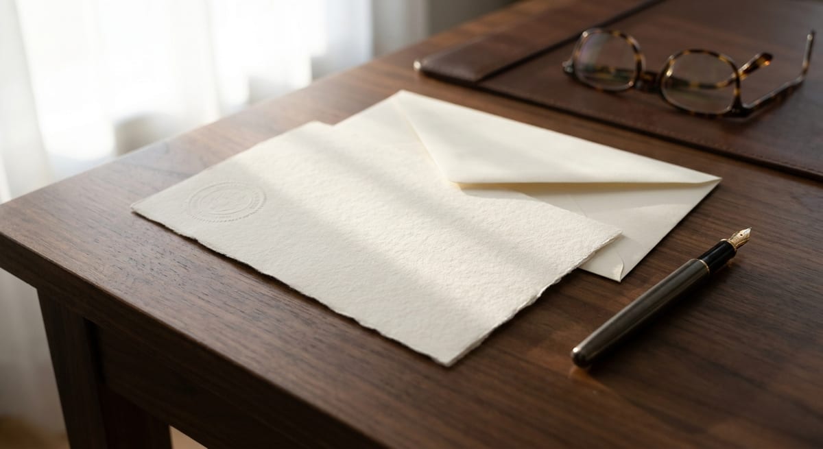 Photograph of a cream-colored official letter and fountain pen on a wooden desk, representing a CBSA call-in notice.