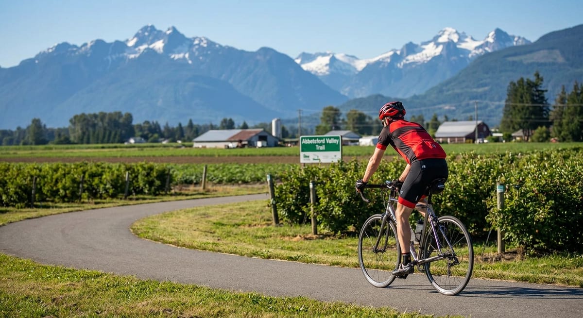 Photograph of a cyclist on a winding trail through sunny fields in Abbotsford, British Columbia, on a warm day.