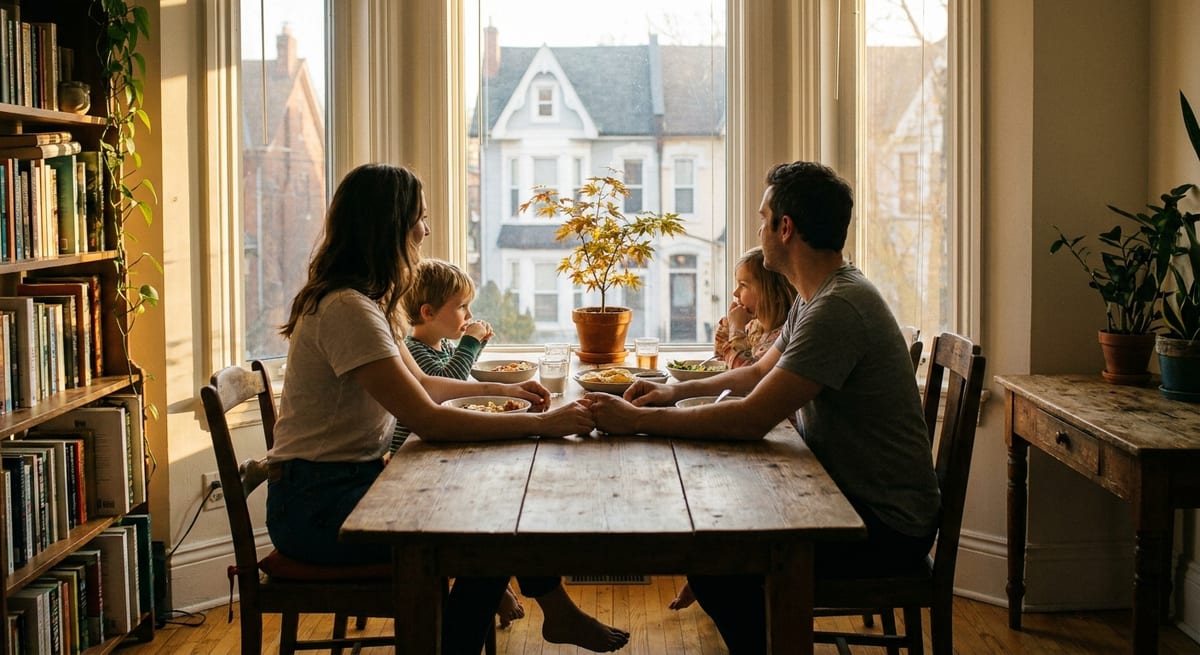 Photograph of a family sharing a meal at a sunlit wooden table by a window overlooking a Canadian neighborhood.