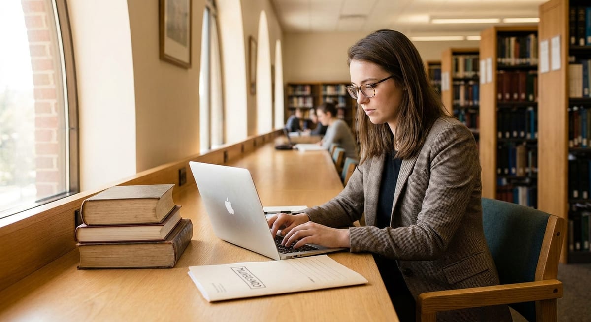 Photograph of a focused student using a laptop in a library, researching university programs to stay in Canada legally.