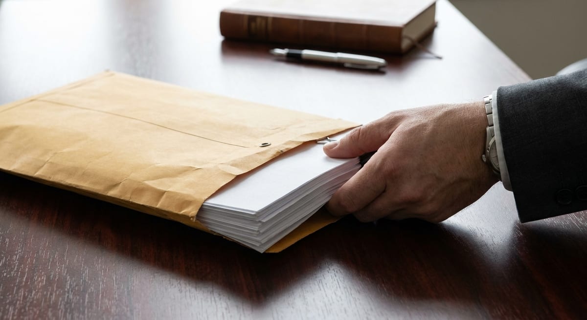 Photograph of a hand in a suit filing a stack of legal documents for a Canadian admissibility hearing appeal.