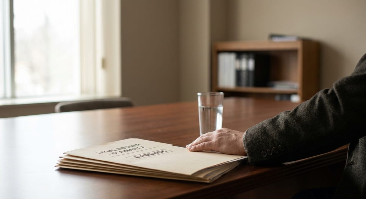 Photograph of a hand on a legal dossier labeled evidence and claimant A during a refugee hearing in Canada.