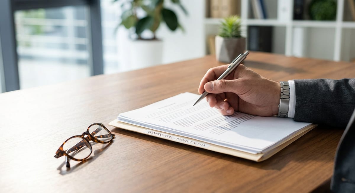Photograph of a hand with a pen over an official document on a desk, preparing for a CBSA call-in notice review.