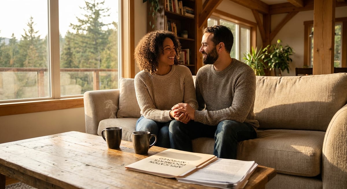 Photograph of a happy couple on a couch with approved Canada spousal sponsorship application documents on the table.