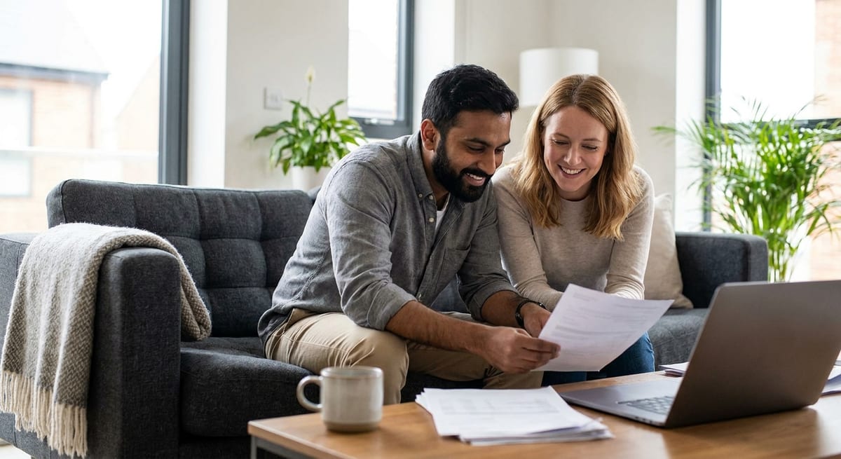 Photograph of a happy couple reviewing documents and a laptop for their Canadian spousal sponsorship application.