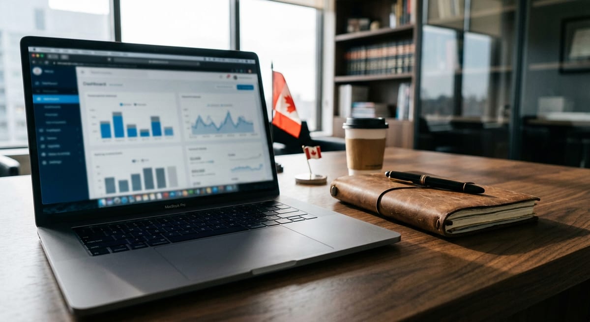 Photograph of a laptop displaying Express Entry data trends next to a Canadian flag and notebook on a wooden desk.