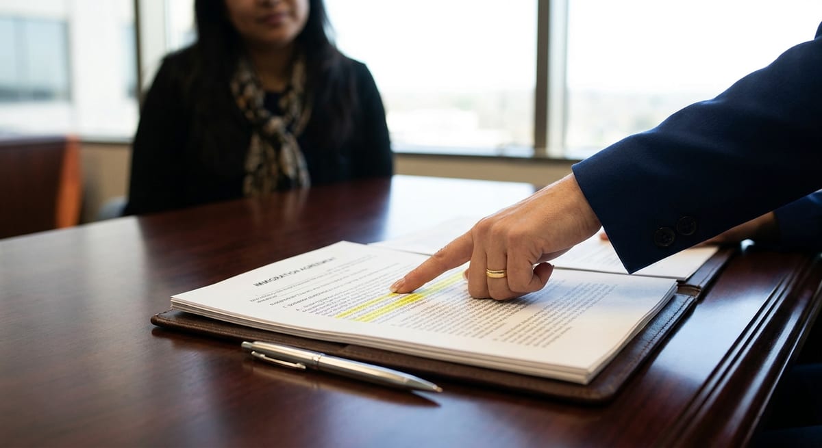 Photograph of a lawyer pointing to a highlighted immigration document during a Canadian admissibility hearing.