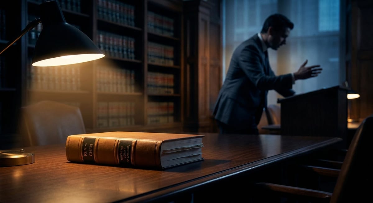Photograph of a lawyer practicing for a refugee hearing in a library with a Supreme Court of Canada law book.