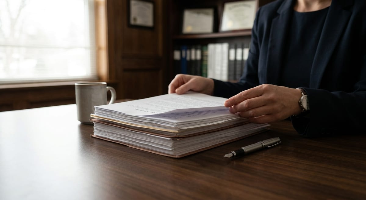Photograph of a lawyer reviewing a stack of documents and a fountain pen for a Canadian admissibility hearing.