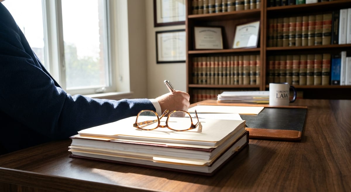 Photograph of a lawyer writing at a desk with stacks of legal documents and a bookshelf of law books.