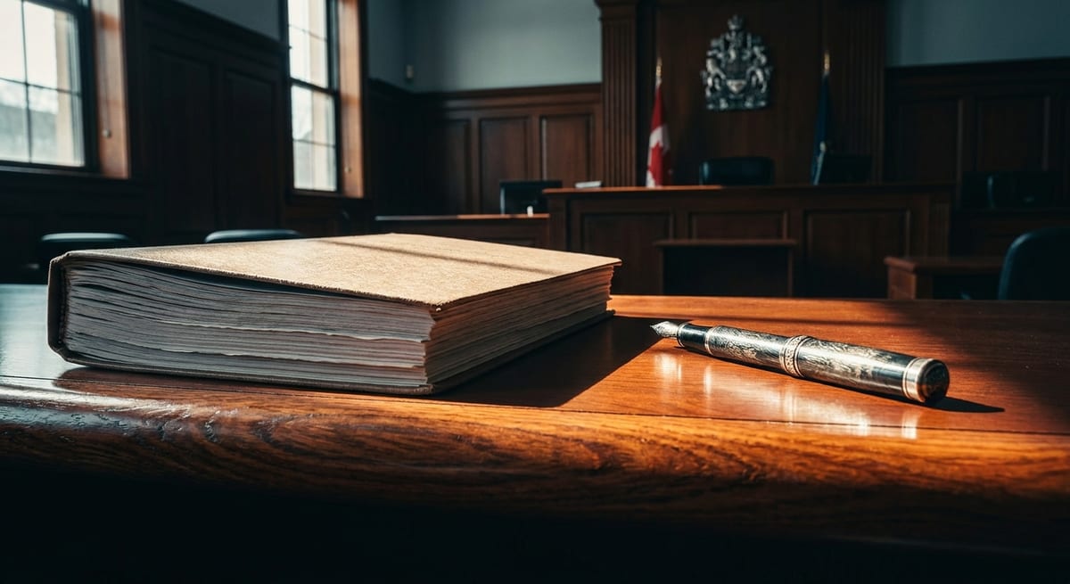 Photograph of a legal book and silver pen on a wooden table in a Canadian courtroom for an admissibility hearing.