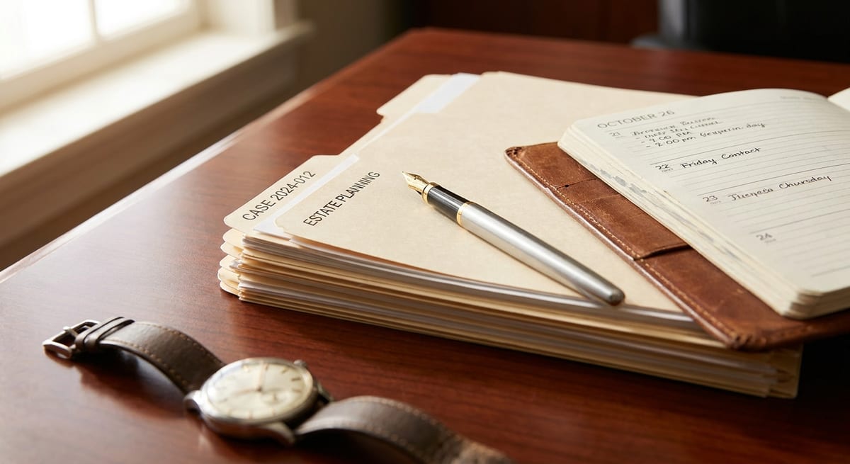 Photograph of a legal case file, silver pen, and open planner on a desk, representing refugee hearing timelines.