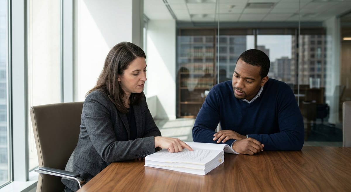 Photograph of a legal professional and claimant reviewing a thick stack of documents for a refugee hearing.