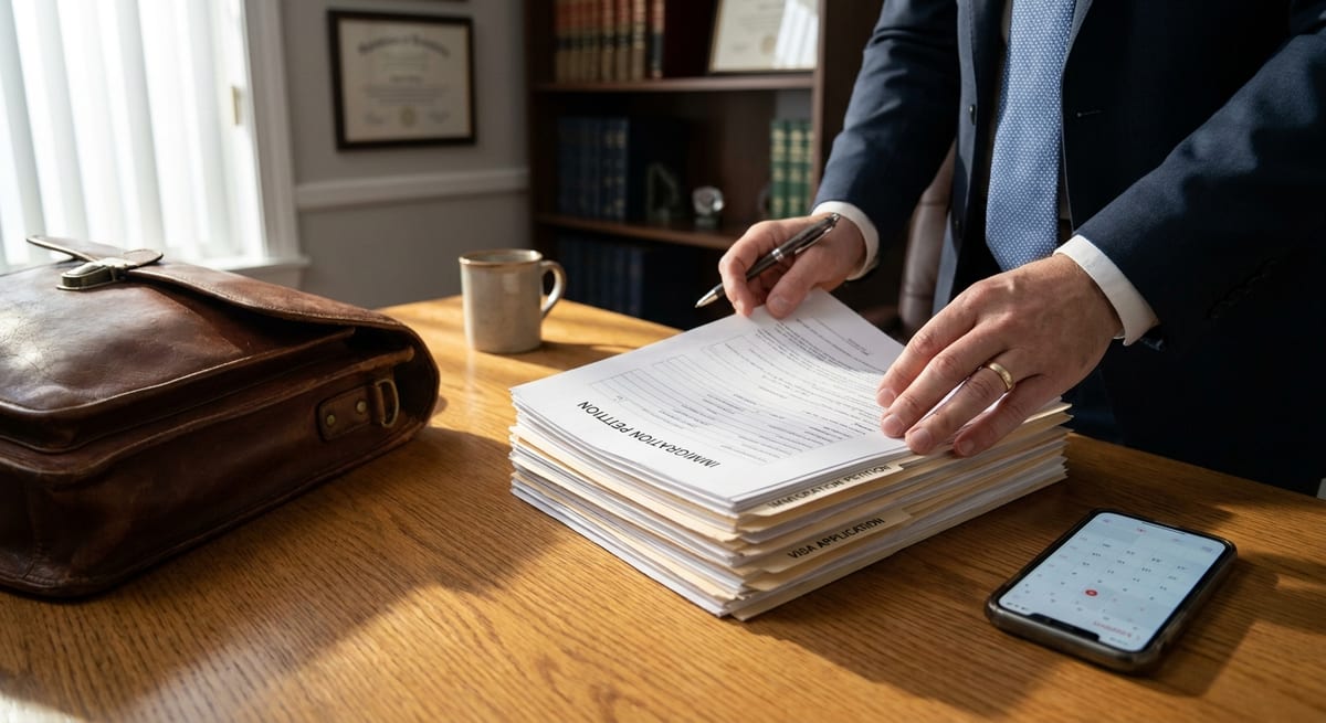 Photograph of a legal professional reviewing immigration petition and visa application files on a wooden desk.