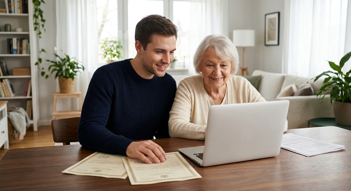 Photograph of a man and senior woman reviewing Super Visa Canada income requirements on a laptop in a bright home.