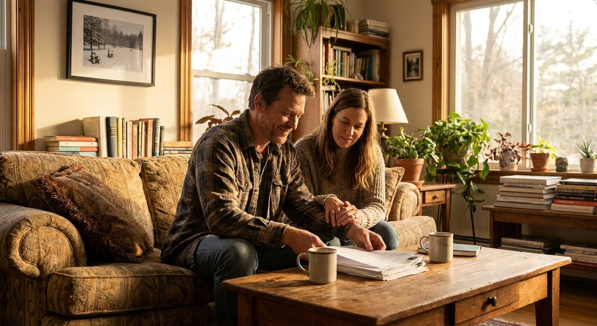 Photograph of a man and woman reviewing legal documents in a sunlit living room after being released in Canada.