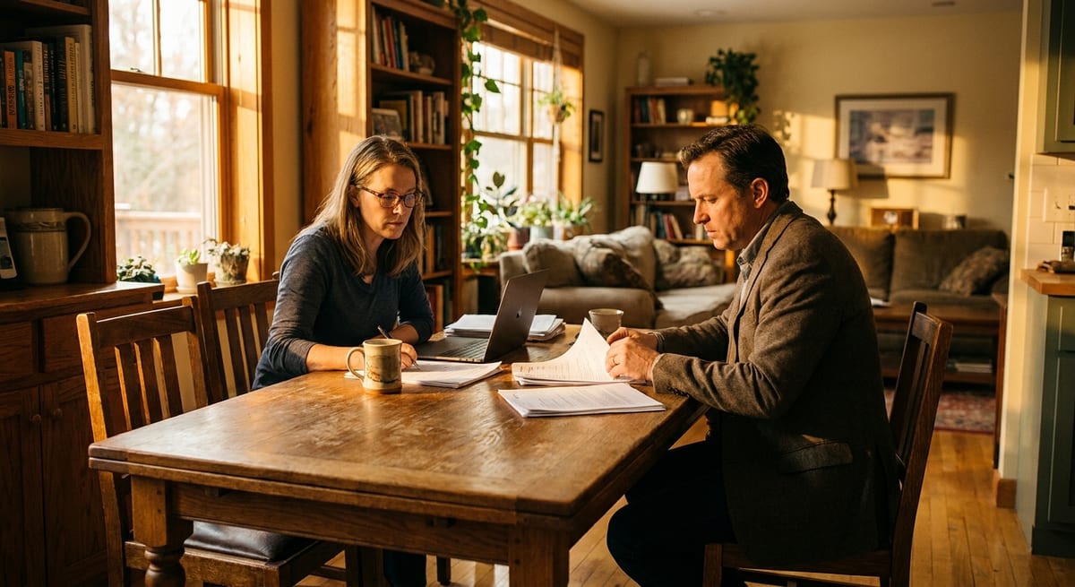 Photograph of a man and woman reviewing legal paperwork at a wooden table for a Canadian detention review hearing.