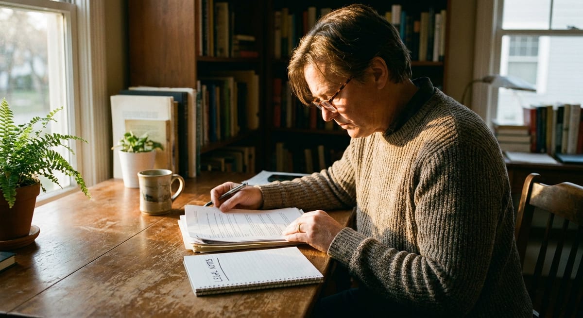 Photograph of a man focused on legal documents and notes at a sunlit desk, preparing for a refugee hearing.
