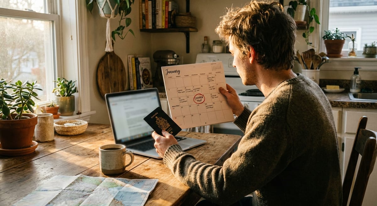 Photograph of a man holding a Canadian passport and calendar, planning his temporary resident visa stay at a sunlit table.