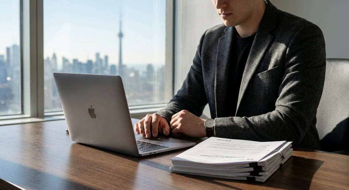 Photograph of a man in a grey blazer reviewing Canadian PR documents at a desk overlooking the Toronto skyline.