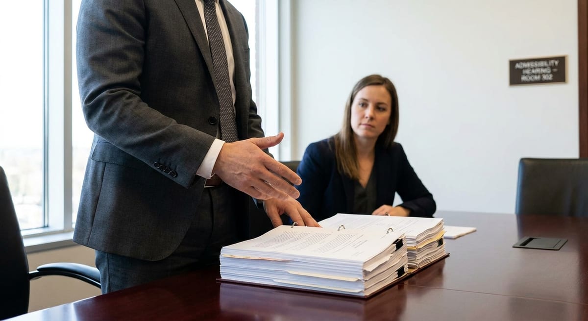 Photograph of a man in a suit presenting legal documents during an admissibility hearing in Canada.