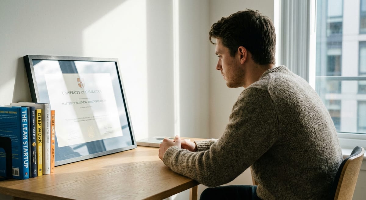 Photograph of a man looking at a framed university diploma, contemplating work after studying and PGWP options.