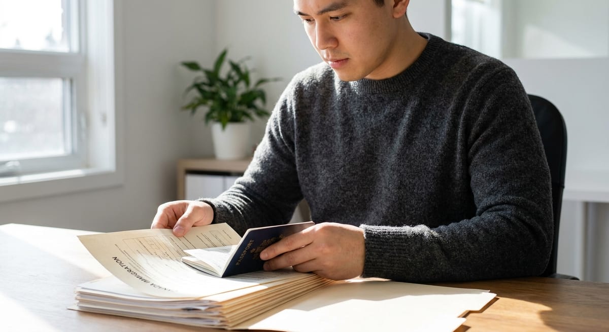 Photograph of a man reviewing a passport and stack of Canadian immigration documents for temporary residence.