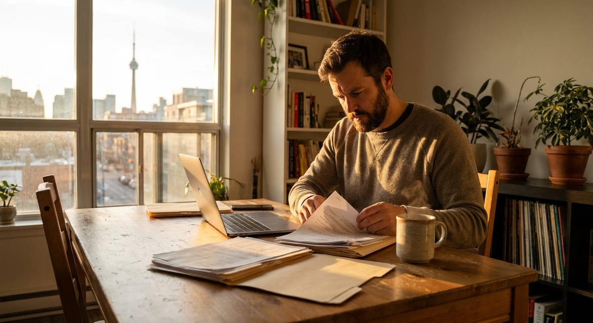 Photograph of a man reviewing documents for a refugee hearing at a sunlit wooden table with a Toronto, Canada view.