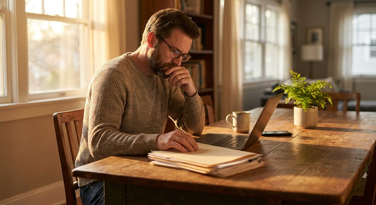 Photograph of a man reviewing legal documents for a Canada admissibility hearing at a sunlit wooden table.