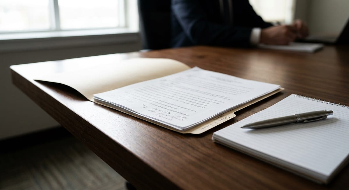Photograph of a manila folder with papers and a silver pen on a wooden desk during a formal CBSA interview.