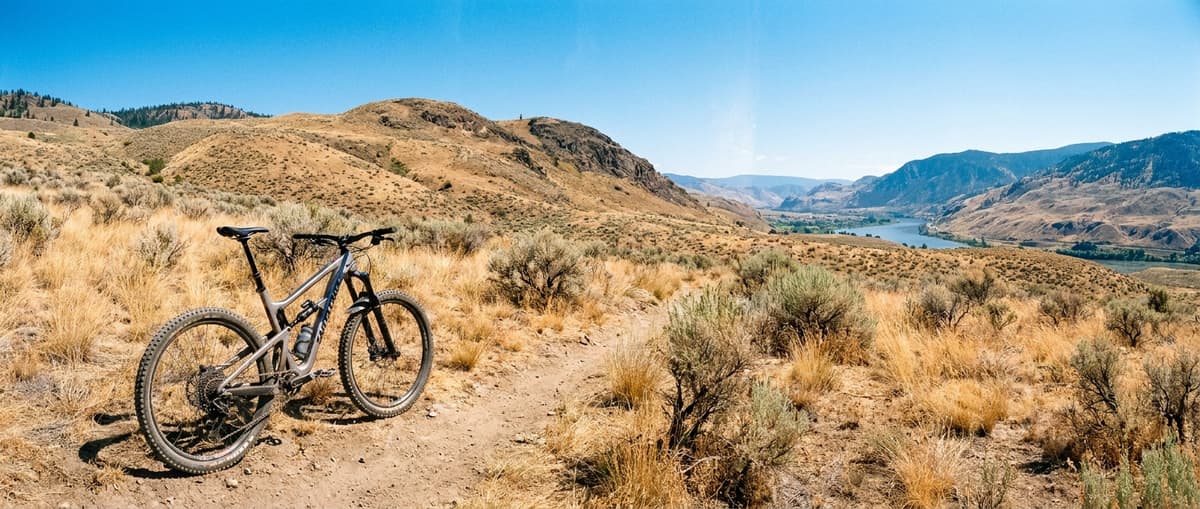 Photograph of a mountain bike on a dusty trail in the hot, arid landscape of Kamloops, British Columbia.