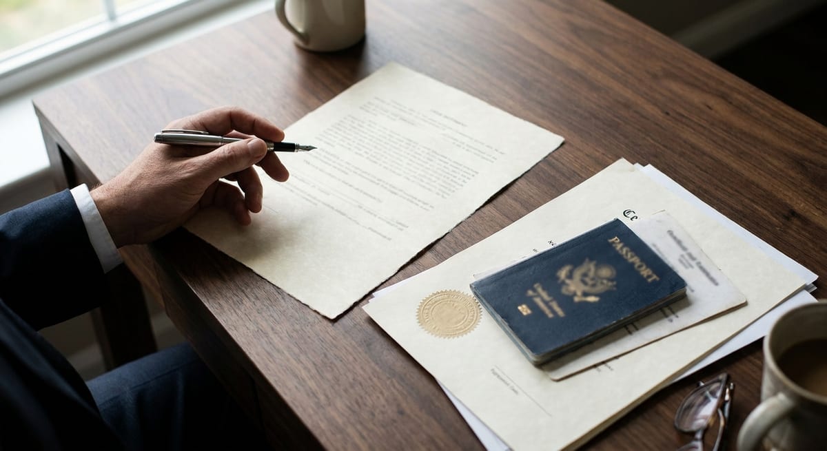 Photograph of a person in a suit reviewing a document and US passport to respond to a procedural fairness letter.