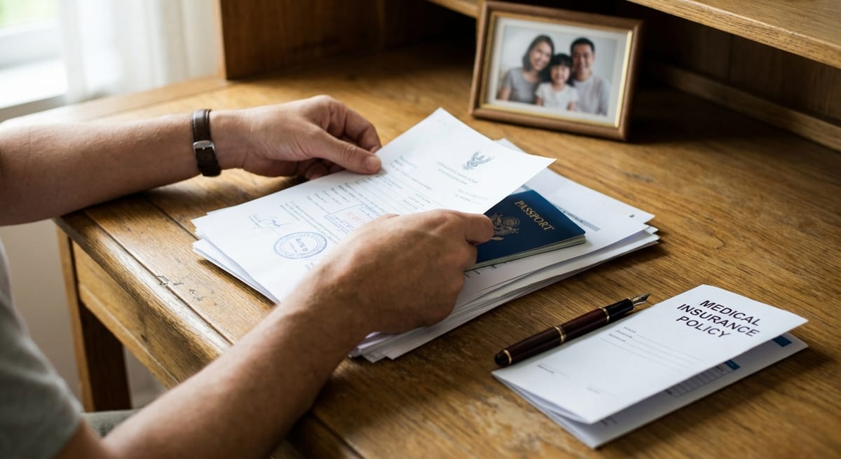 Photograph of a person organizing Super Visa documents, including a passport and medical insurance on a wooden desk.