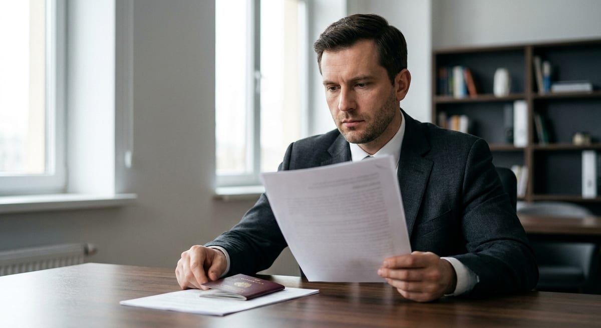 Photograph of a professional man in a suit reviewing a Temporary Resident Permit application and passport at a desk.