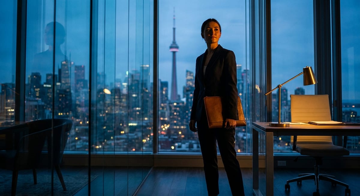 Photograph of a professional woman in a suit in a night office, symbolizing career growth and work after studying on a PGWP.