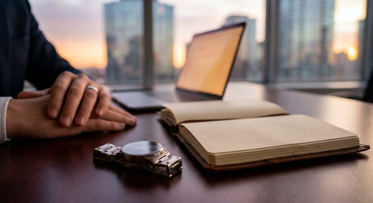 Photograph of a professional's hands and watch on a desk, representing the timeline for a post-graduation work permit.