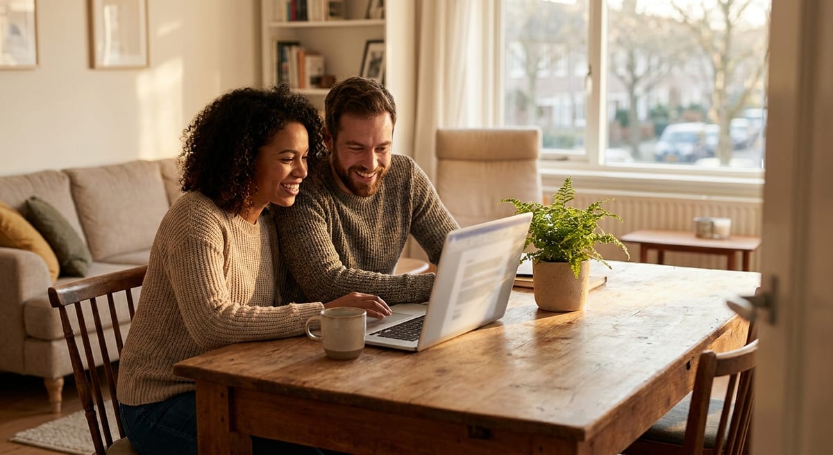 Photograph of a smiling couple at a rustic wooden table using a laptop to apply for a Canadian Spouse Open Work Permit.